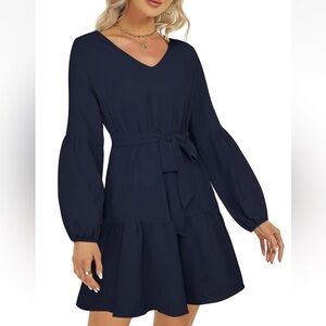 🆕 Chic Long Sleeve Navy Dress v neck belt ruffled swing with pockets size small